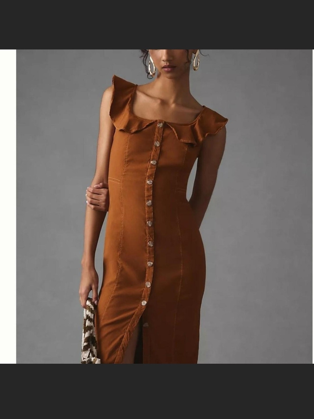 Anthropologie Rust-Brown Ruffle Sleeve Midi Dress - Picture 2 of 5